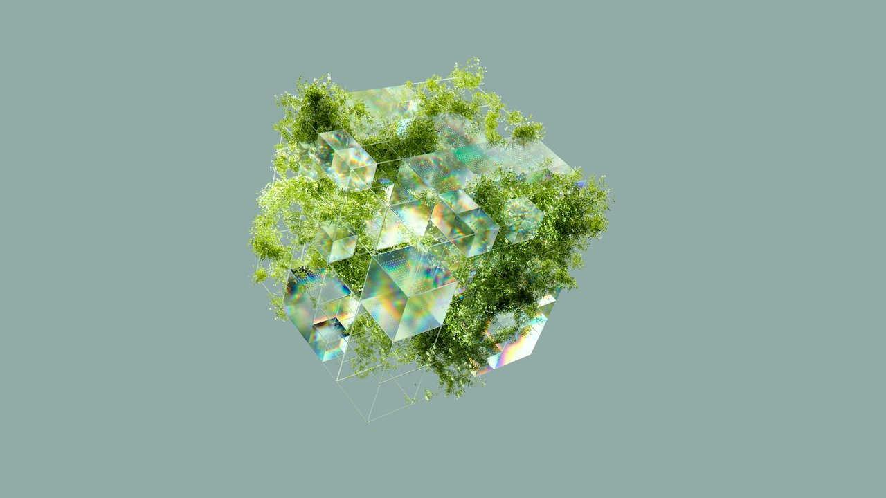 Cubo digital entrelaçado a elementos verdes, representando a integração entre tecnologia e sustentabilidade.